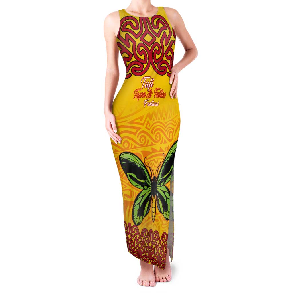 Personalised Tufi Tapa and Tattoo Festival Tank Maxi Dress PNG Oro Butterfly Tapa Pattern LT14 Women Yellow - Polynesian Pride