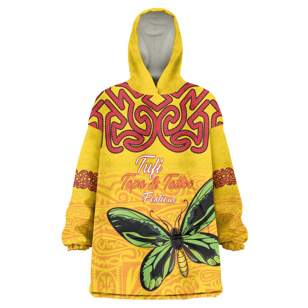 Personalised Tufi Tapa and Tattoo Festival Wearable Blanket Hoodie PNG Oro Butterfly Tapa Pattern LT14 One Size Yellow - Polynesian Pride