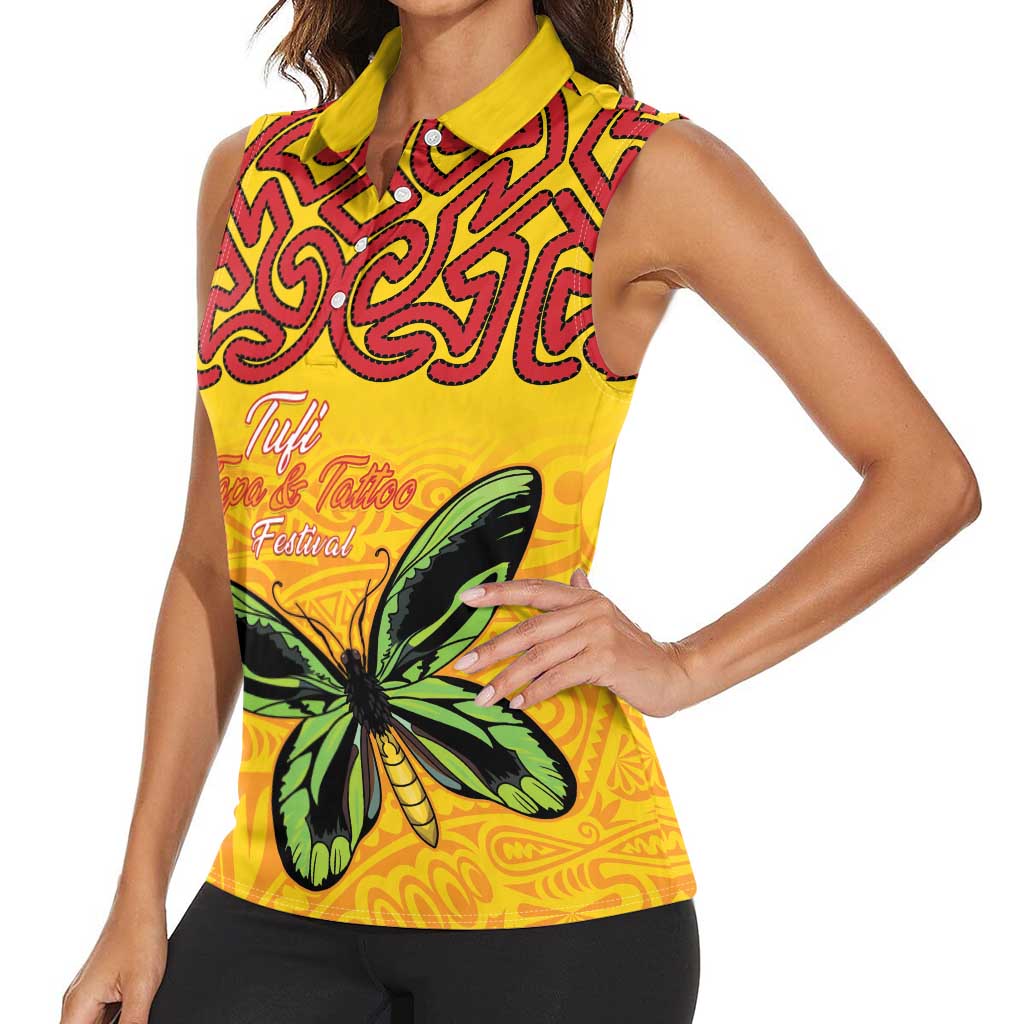 Personalised Tufi Tapa and Tattoo Festival Women Sleeveless Polo Shirt PNG Oro Butterfly Tapa Pattern LT14 - Polynesian Pride