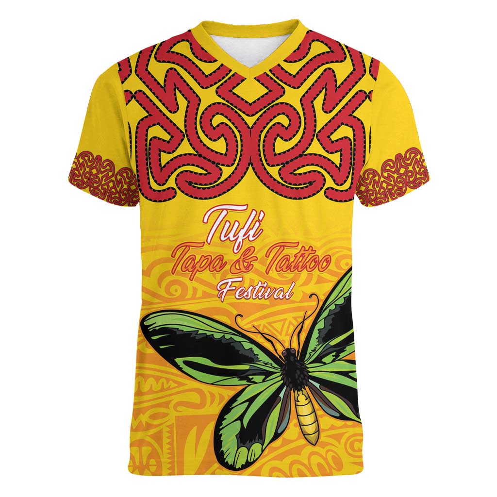 Personalised Tufi Tapa and Tattoo Festival Women V-Neck T-Shirt PNG Oro Butterfly Tapa Pattern LT14 Female Yellow - Polynesian Pride
