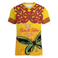Personalised Tufi Tapa and Tattoo Festival Women V-Neck T-Shirt PNG Oro Butterfly Tapa Pattern LT14 Female Yellow - Polynesian Pride