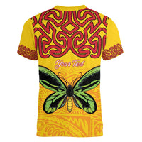 Personalised Tufi Tapa and Tattoo Festival Women V-Neck T-Shirt PNG Oro Butterfly Tapa Pattern LT14 - Polynesian Pride