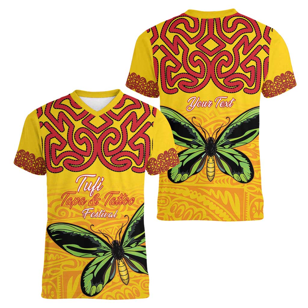 Personalised Tufi Tapa and Tattoo Festival Women V-Neck T-Shirt PNG Oro Butterfly Tapa Pattern LT14 - Polynesian Pride