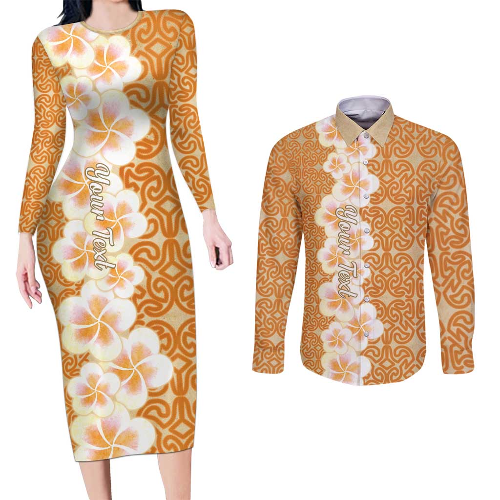 Personalised Tufi Tapa and Tattoo Festival Couples Matching Long Sleeve Bodycon Dress and Long Sleeve Button Shirt Oro Tapa Cloth With Plumeria - Polynesian Pride