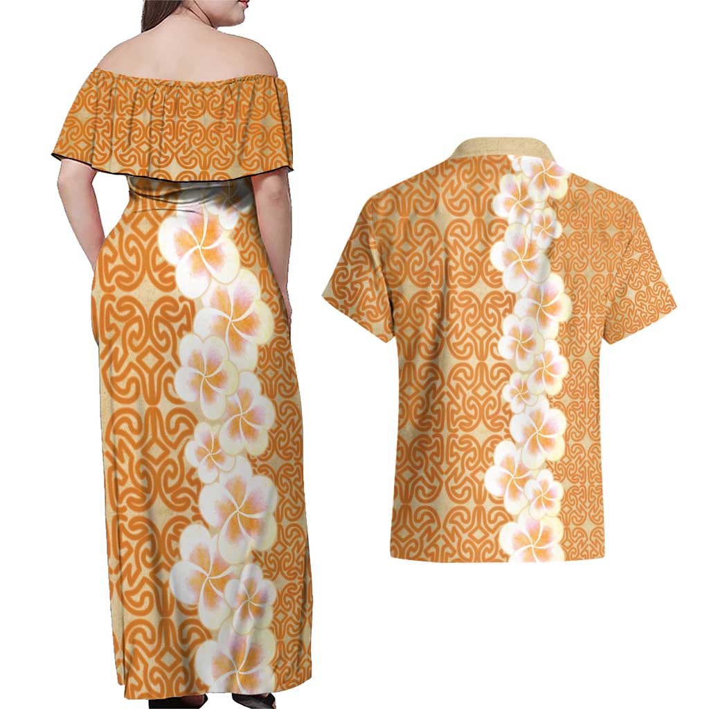 Personalised Tufi Tapa and Tattoo Festival Couples Matching Off Shoulder Maxi Dress and Hawaiian Shirt Oro Tapa Cloth With Plumeria LT14 - Polynesian Pride