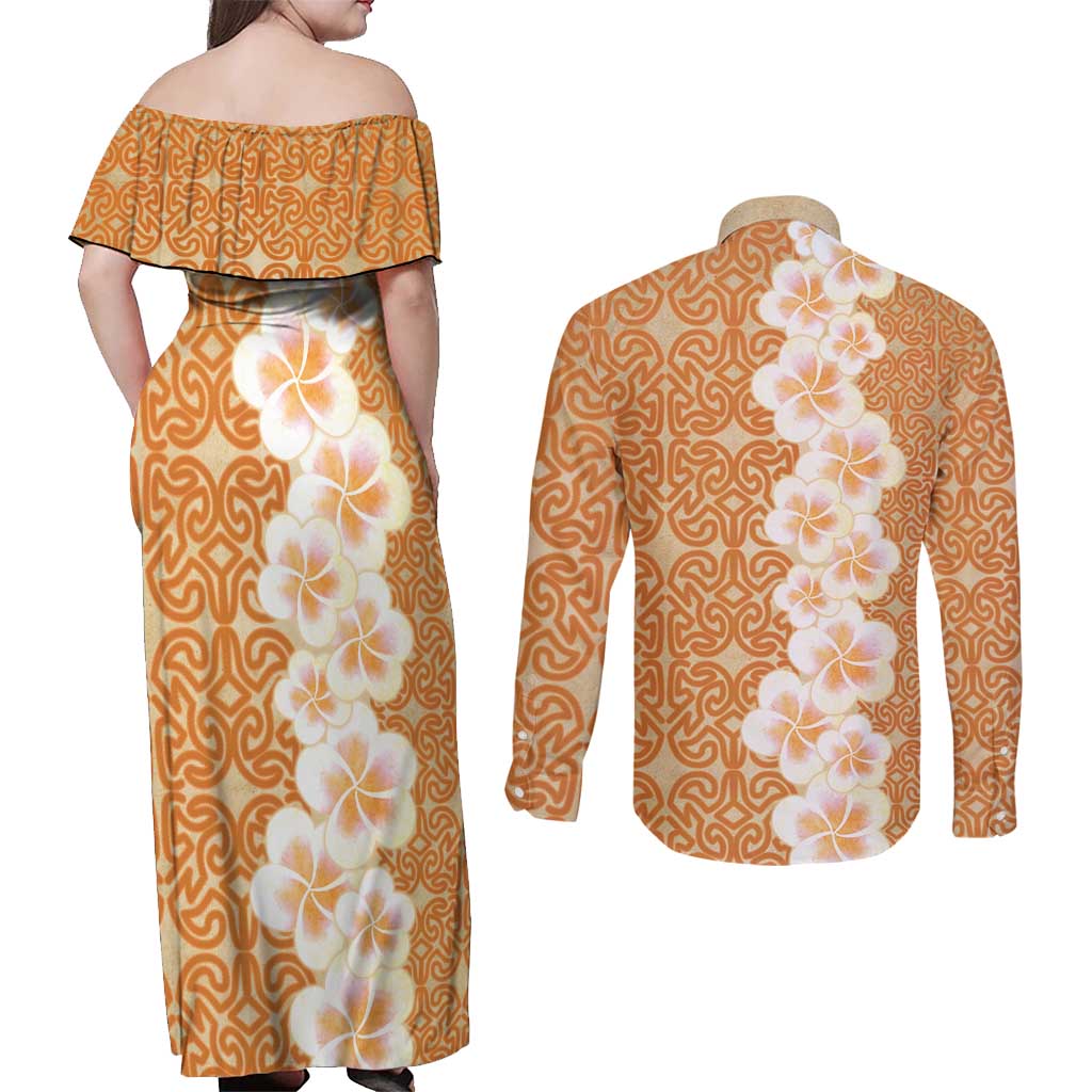 Personalised Tufi Tapa and Tattoo Festival Couples Matching Off Shoulder Maxi Dress and Long Sleeve Button Shirt Oro Tapa Cloth With Plumeria LT14 - Polynesian Pride