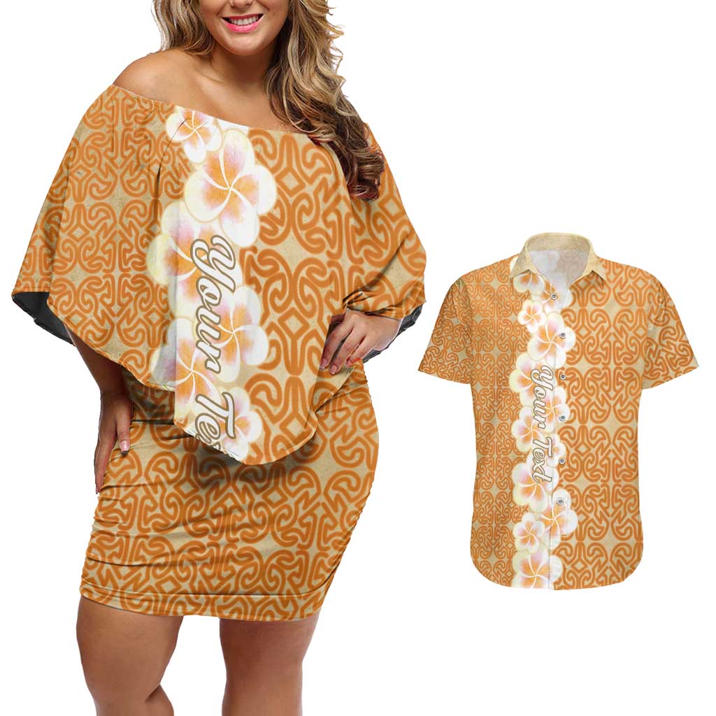 Personalised Tufi Tapa and Tattoo Festival Couples Matching Off Shoulder Short Dress and Hawaiian Shirt Oro Tapa Cloth With Plumeria LT14 Brown - Polynesian Pride