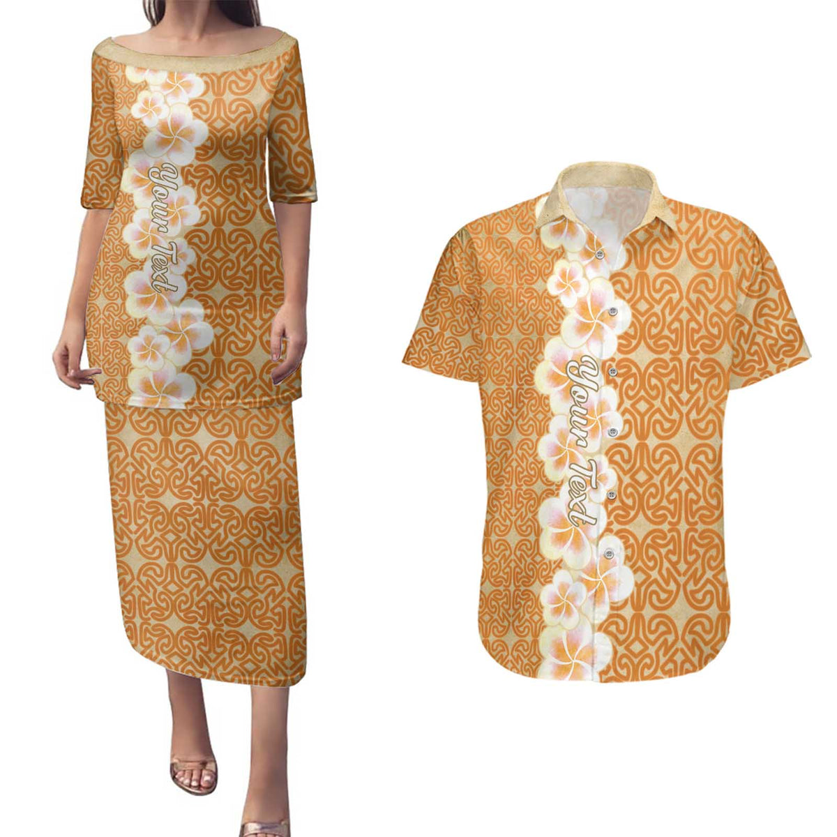 Personalised Tufi Tapa and Tattoo Festival Couples Matching Puletasi and Hawaiian Shirt Oro Tapa Cloth With Plumeria LT14 Brown - Polynesian Pride