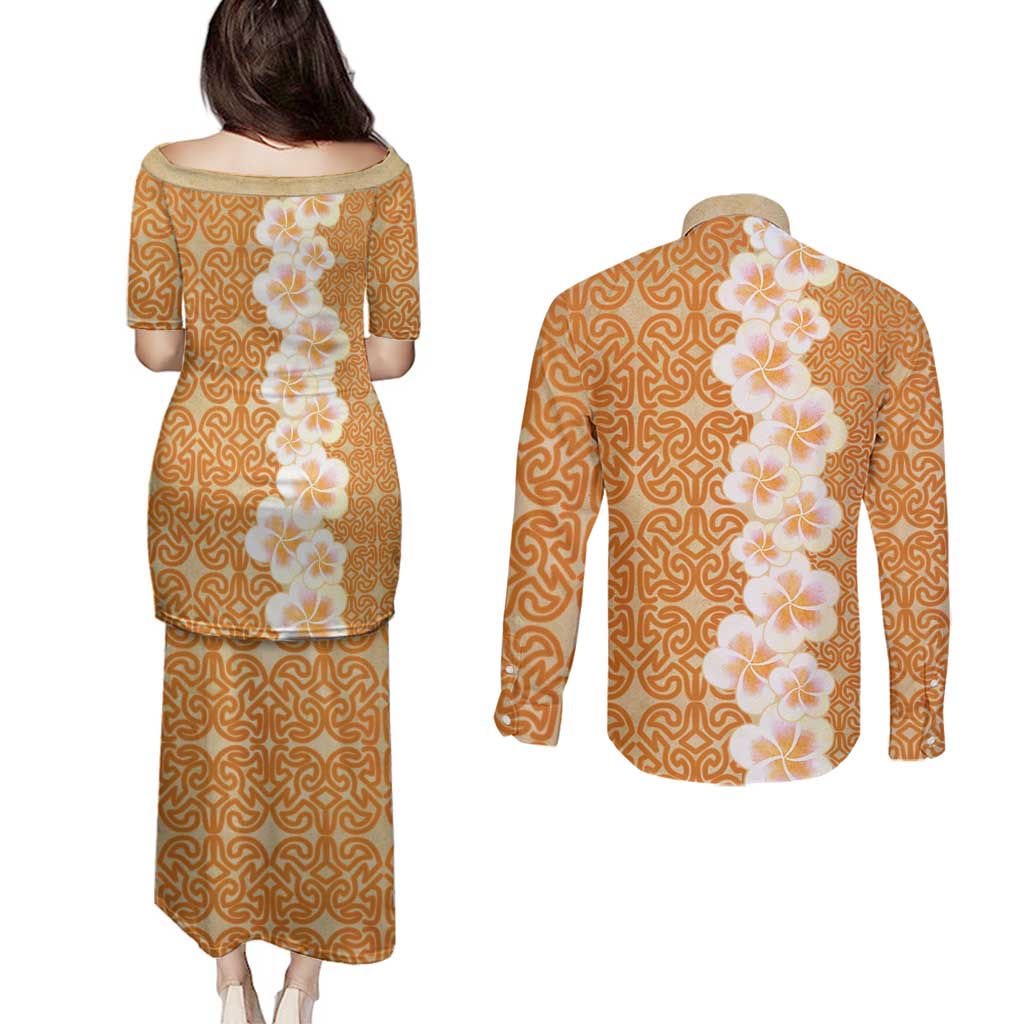 Personalised Tufi Tapa and Tattoo Festival Couples Matching Puletasi and Long Sleeve Button Shirt Oro Tapa Cloth With Plumeria LT14 - Polynesian Pride