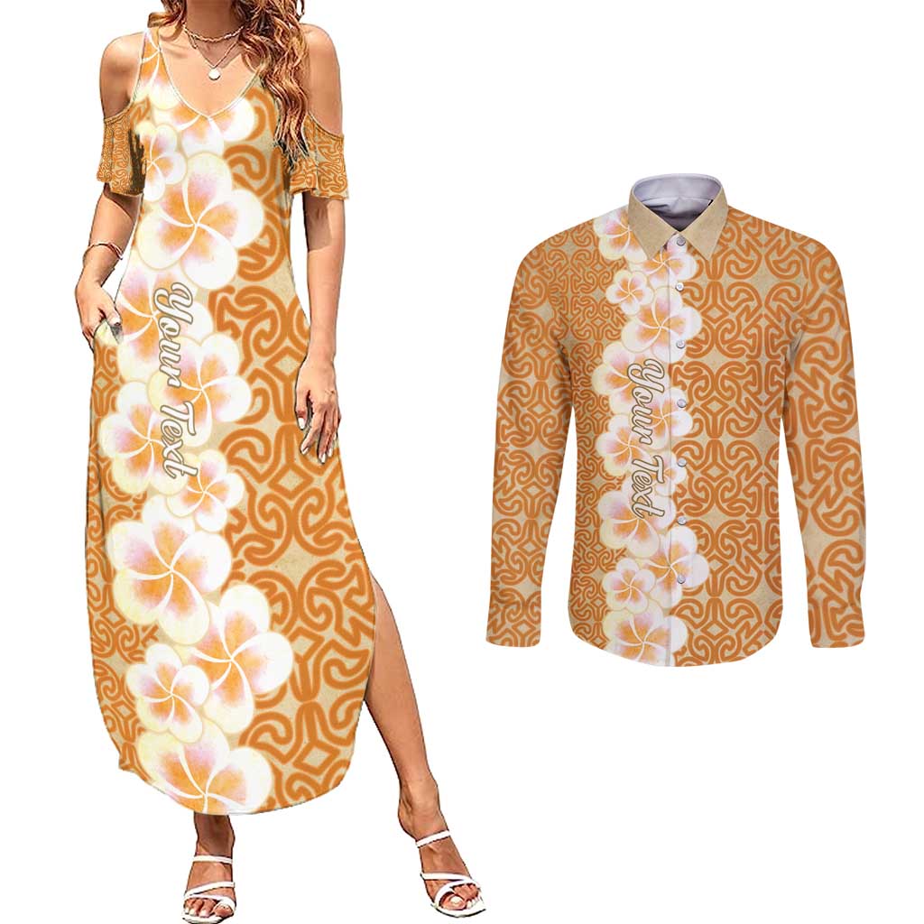 Personalised Tufi Tapa and Tattoo Festival Couples Matching Summer Maxi Dress and Long Sleeve Button Shirt Oro Tapa Cloth With Plumeria - Polynesian Pride