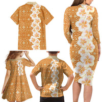 Personalised Tufi Tapa and Tattoo Festival Family Matching Long Sleeve Bodycon Dress and Hawaiian Shirt Oro Tapa Cloth With Plumeria LT14 - Polynesian Pride