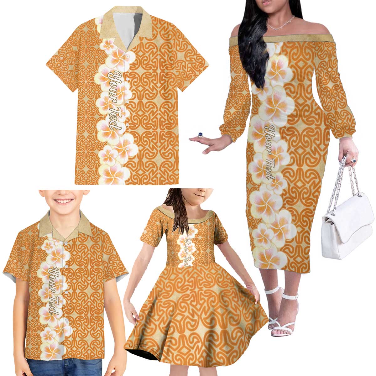Personalised Tufi Tapa and Tattoo Festival Family Matching Off The Shoulder Long Sleeve Dress and Hawaiian Shirt Oro Tapa Cloth With Plumeria LT14 - Polynesian Pride