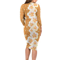 Personalised Tufi Tapa and Tattoo Festival Long Sleeve Bodycon Dress Oro Tapa Cloth With Plumeria LT14 - Polynesian Pride