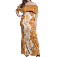 Personalised Tufi Tapa and Tattoo Festival Off Shoulder Maxi Dress Oro Tapa Cloth With Plumeria LT14 Women Brown - Polynesian Pride