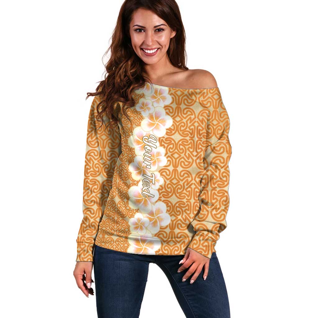 Personalised Tufi Tapa and Tattoo Festival Off Shoulder Sweater Oro Tapa Cloth With Plumeria LT14 Women Brown - Polynesian Pride
