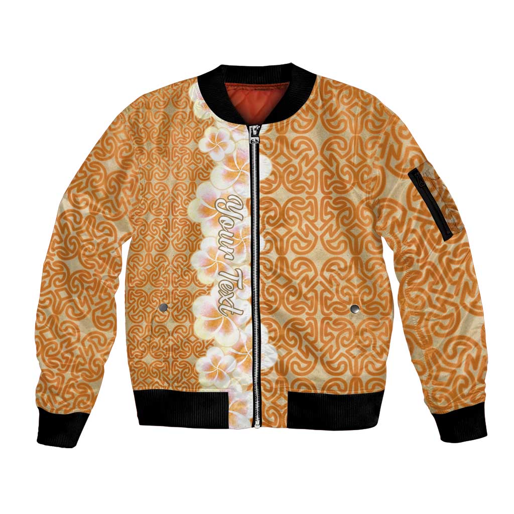 Personalised Tufi Tapa and Tattoo Festival Sleeve Zip Bomber Jacket Oro Tapa Cloth With Plumeria LT14 Unisex Brown - Polynesian Pride