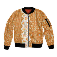 Personalised Tufi Tapa and Tattoo Festival Sleeve Zip Bomber Jacket Oro Tapa Cloth With Plumeria LT14 Unisex Brown - Polynesian Pride