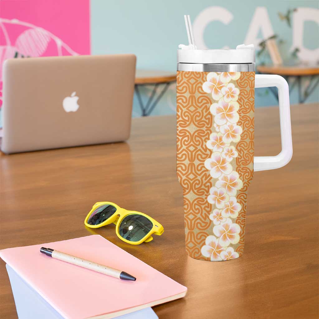Personalised Tufi Tapa and Tattoo Festival Tumbler With Handle Oro Tapa Cloth With Plumeria LT14 - Polynesian Pride