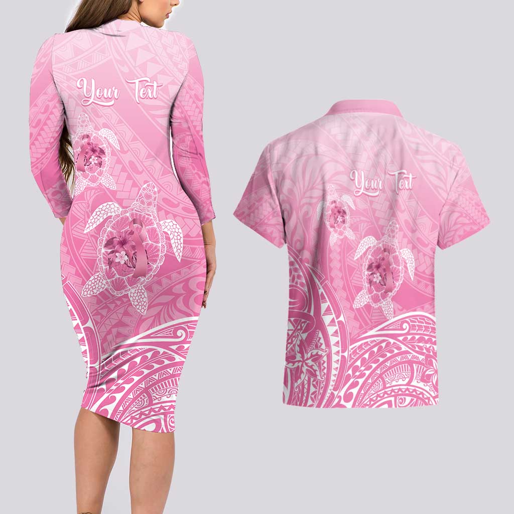 Personalised Polynesia Breast Cancer Awareness Couples Matching Long Sleeve Bodycon Dress and Hawaiian Shirt No One Fights Alone Turtle Ribbon - Pink Version LT14 - Polynesian Pride