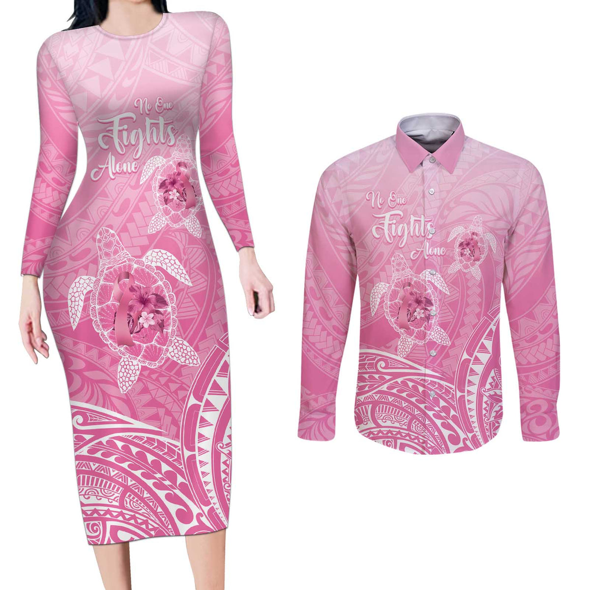 Personalised Polynesia Breast Cancer Awareness Couples Matching Long Sleeve Bodycon Dress and Long Sleeve Button Shirt No One Fights Alone Turtle Ribbon - Pink Version LT14 Pink - Polynesian Pride