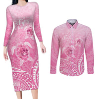 Personalised Polynesia Breast Cancer Awareness Couples Matching Long Sleeve Bodycon Dress and Long Sleeve Button Shirt No One Fights Alone Turtle Ribbon - Pink Version LT14 Pink - Polynesian Pride