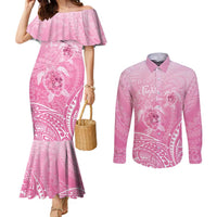 Personalised Polynesia Breast Cancer Awareness Couples Matching Mermaid Dress and Long Sleeve Button Shirt No One Fights Alone Turtle Ribbon - Pink Version LT14 Pink - Polynesian Pride