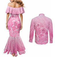 Personalised Polynesia Breast Cancer Awareness Couples Matching Mermaid Dress and Long Sleeve Button Shirt No One Fights Alone Turtle Ribbon - Pink Version LT14 - Polynesian Pride
