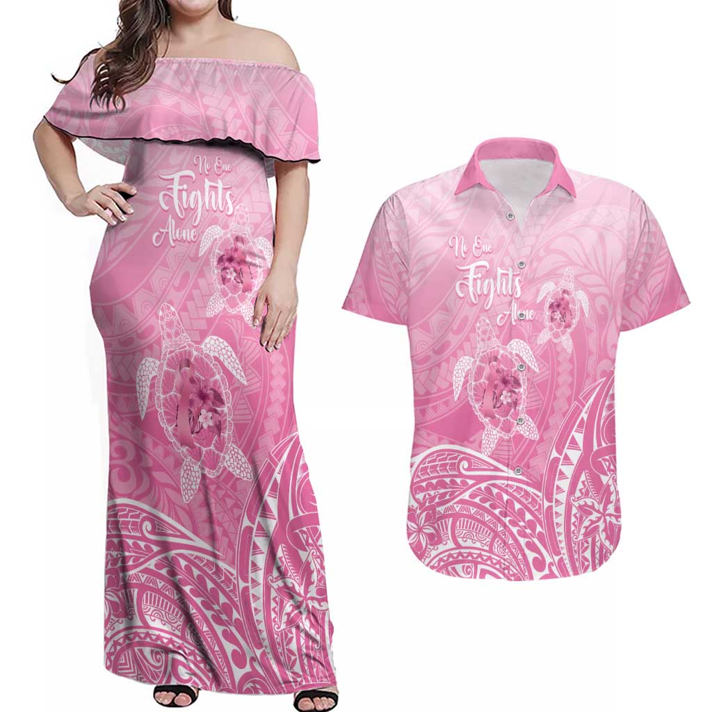 Personalised Polynesia Breast Cancer Awareness Couples Matching Off Shoulder Maxi Dress and Hawaiian Shirt No One Fights Alone Turtle Ribbon - Pink Version LT14 Pink - Polynesian Pride