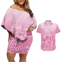 Personalised Polynesia Breast Cancer Awareness Couples Matching Off Shoulder Short Dress and Hawaiian Shirt No One Fights Alone Turtle Ribbon - Pink Version LT14 Pink - Polynesian Pride