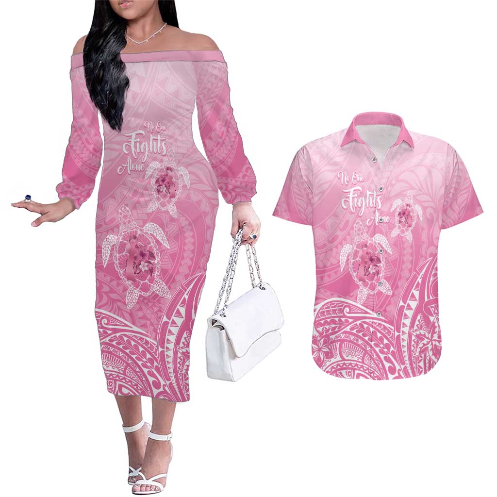 Personalised Polynesia Breast Cancer Awareness Couples Matching Off The Shoulder Long Sleeve Dress and Hawaiian Shirt No One Fights Alone Turtle Ribbon - Pink Version LT14 Pink - Polynesian Pride