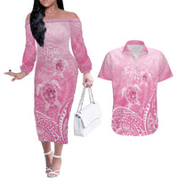 Personalised Polynesia Breast Cancer Awareness Couples Matching Off The Shoulder Long Sleeve Dress and Hawaiian Shirt No One Fights Alone Turtle Ribbon - Pink Version LT14 Pink - Polynesian Pride