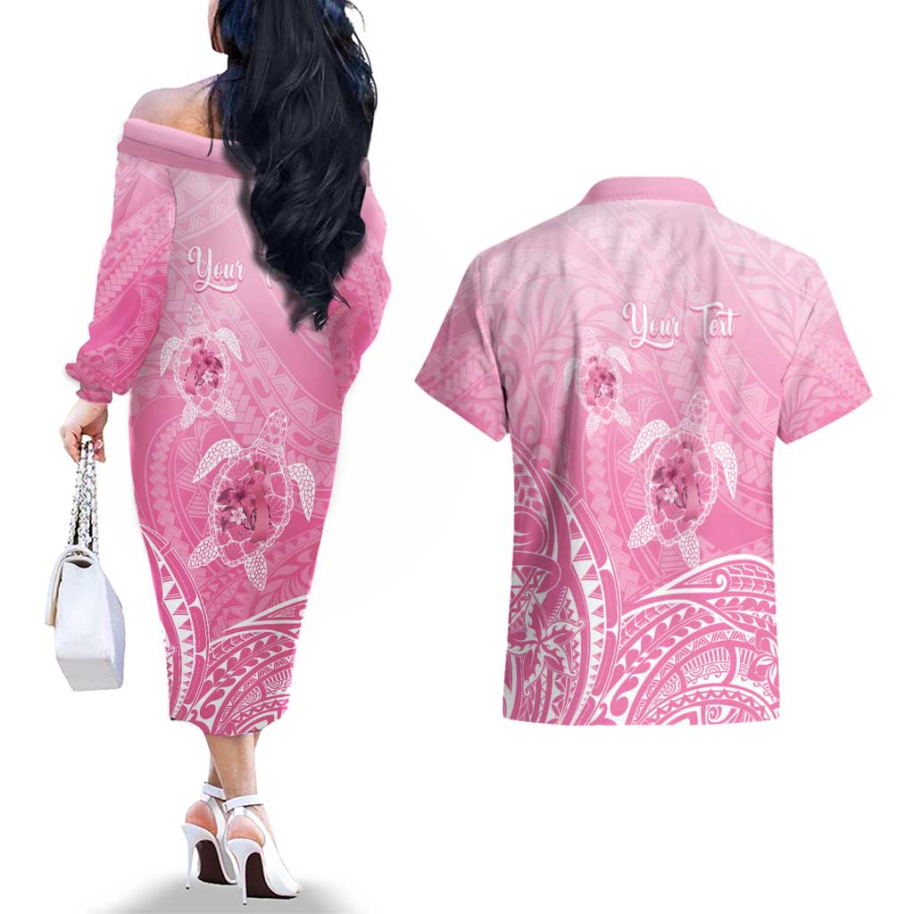 Personalised Polynesia Breast Cancer Awareness Couples Matching Off The Shoulder Long Sleeve Dress and Hawaiian Shirt No One Fights Alone Turtle Ribbon - Pink Version LT14 - Polynesian Pride