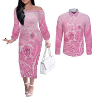 Personalised Polynesia Breast Cancer Awareness Couples Matching Off The Shoulder Long Sleeve Dress and Long Sleeve Button Shirt No One Fights Alone Turtle Ribbon - Pink Version LT14 Pink - Polynesian Pride