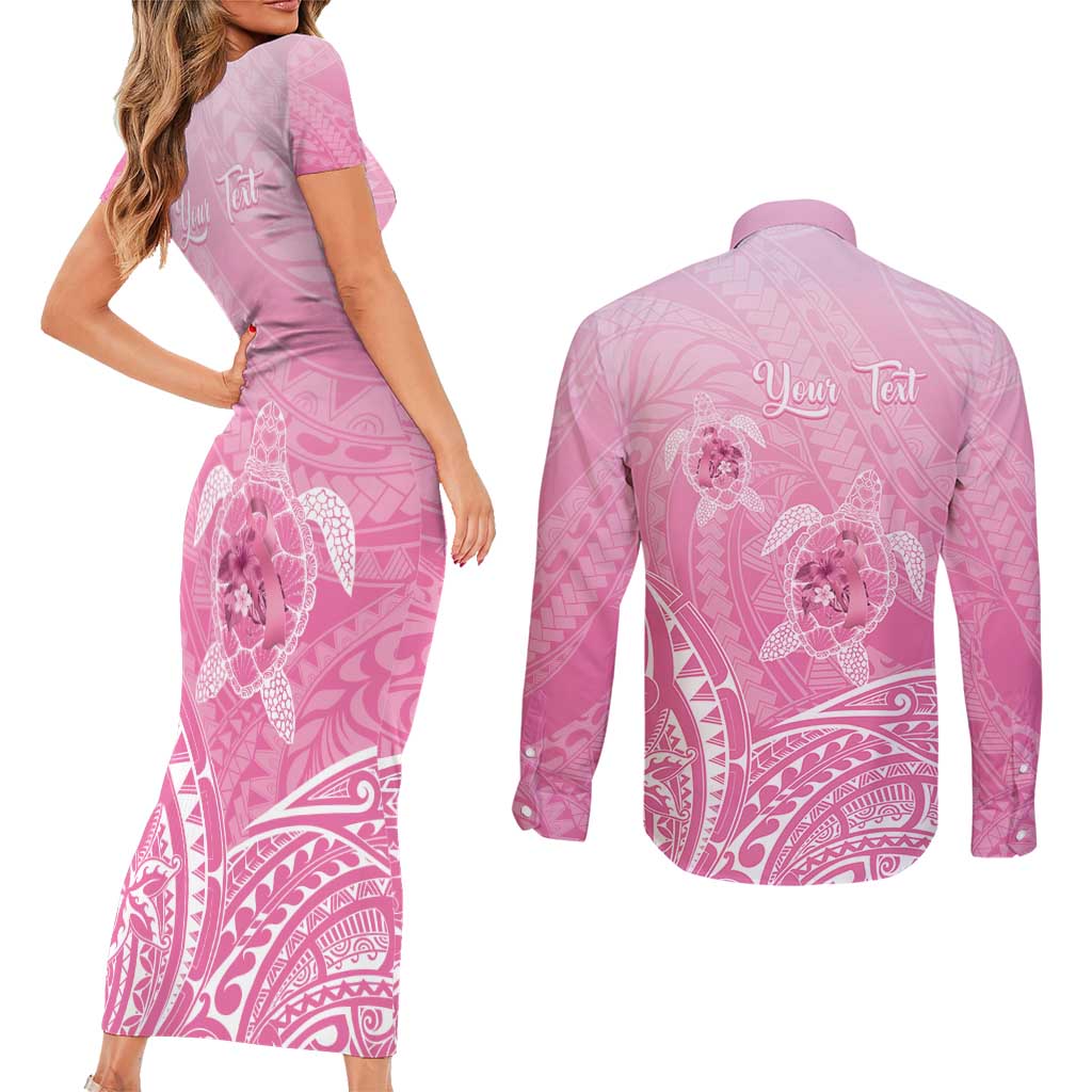 Personalised Polynesia Breast Cancer Awareness Couples Matching Short Sleeve Bodycon Dress and Long Sleeve Button Shirt No One Fights Alone Turtle Ribbon - Pink Version LT14 - Polynesian Pride
