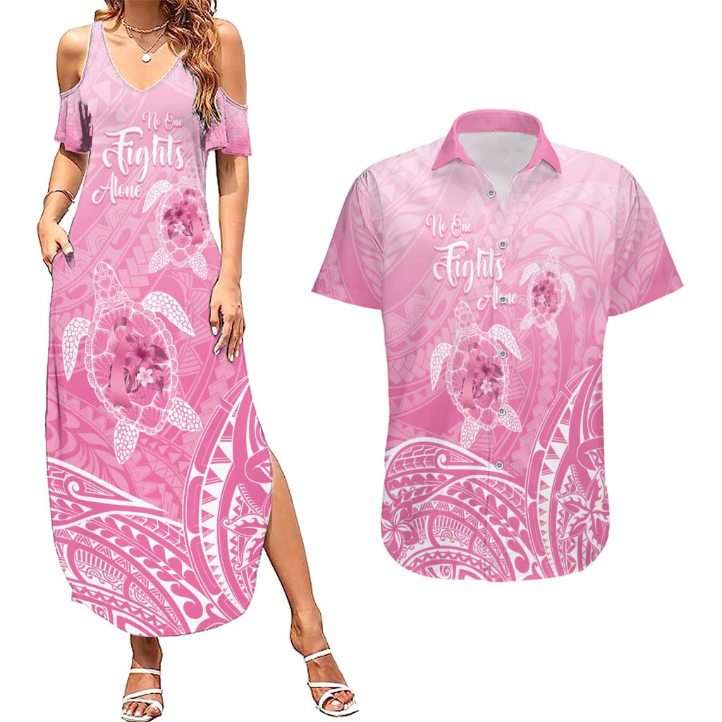 Personalised Polynesia Breast Cancer Awareness Couples Matching Summer Maxi Dress and Hawaiian Shirt No One Fights Alone Turtle Ribbon - Pink Version LT14 Pink - Polynesian Pride