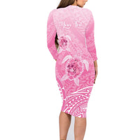 Personalised Polynesia Breast Cancer Awareness Family Matching Long Sleeve Bodycon Dress and Hawaiian Shirt No One Fights Alone Turtle Ribbon - Pink Version LT14 - Polynesian Pride