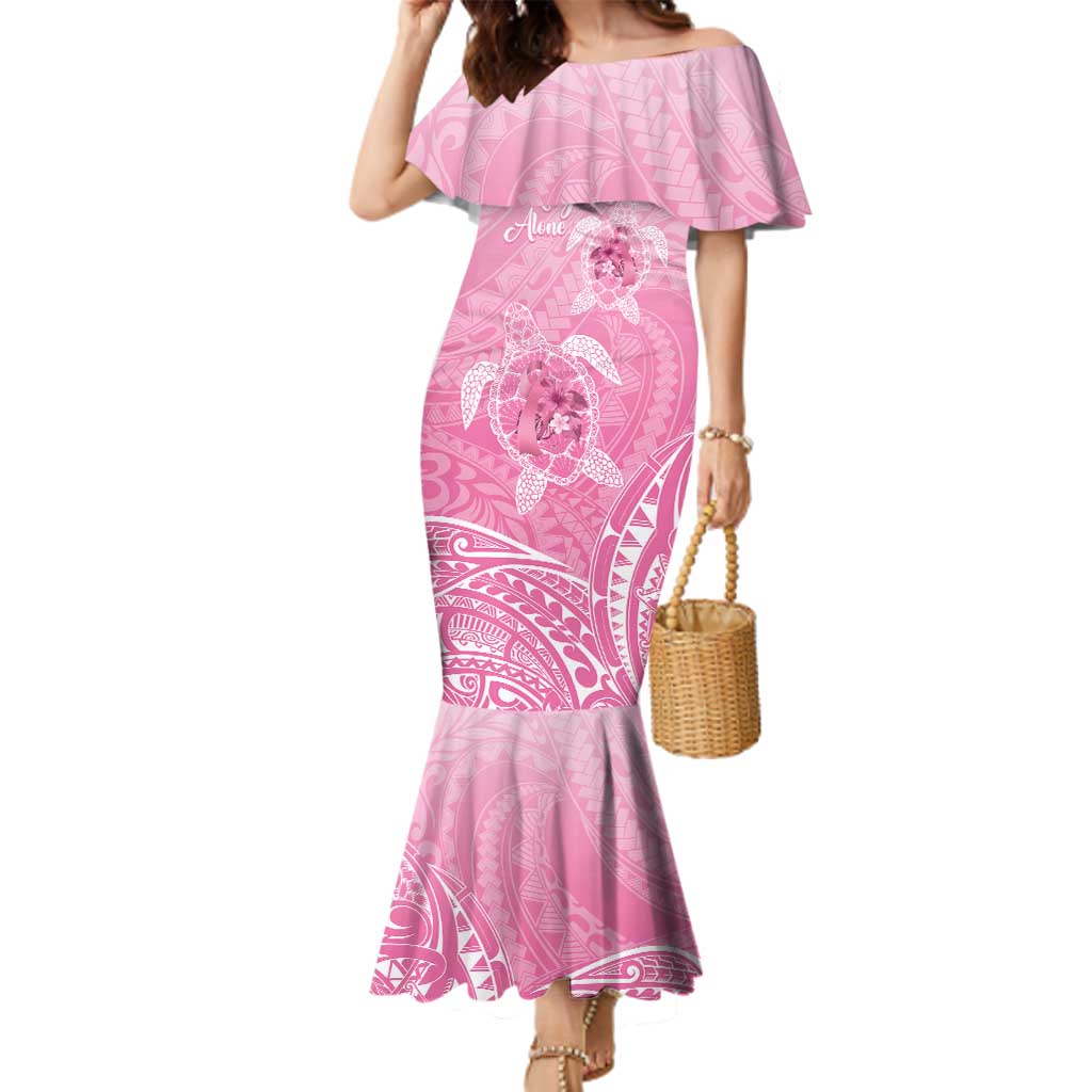 Personalised Polynesia Breast Cancer Awareness Family Matching Mermaid Dress and Hawaiian Shirt No One Fights Alone Turtle Ribbon - Pink Version LT14 Mom's Dress Pink - Polynesian Pride