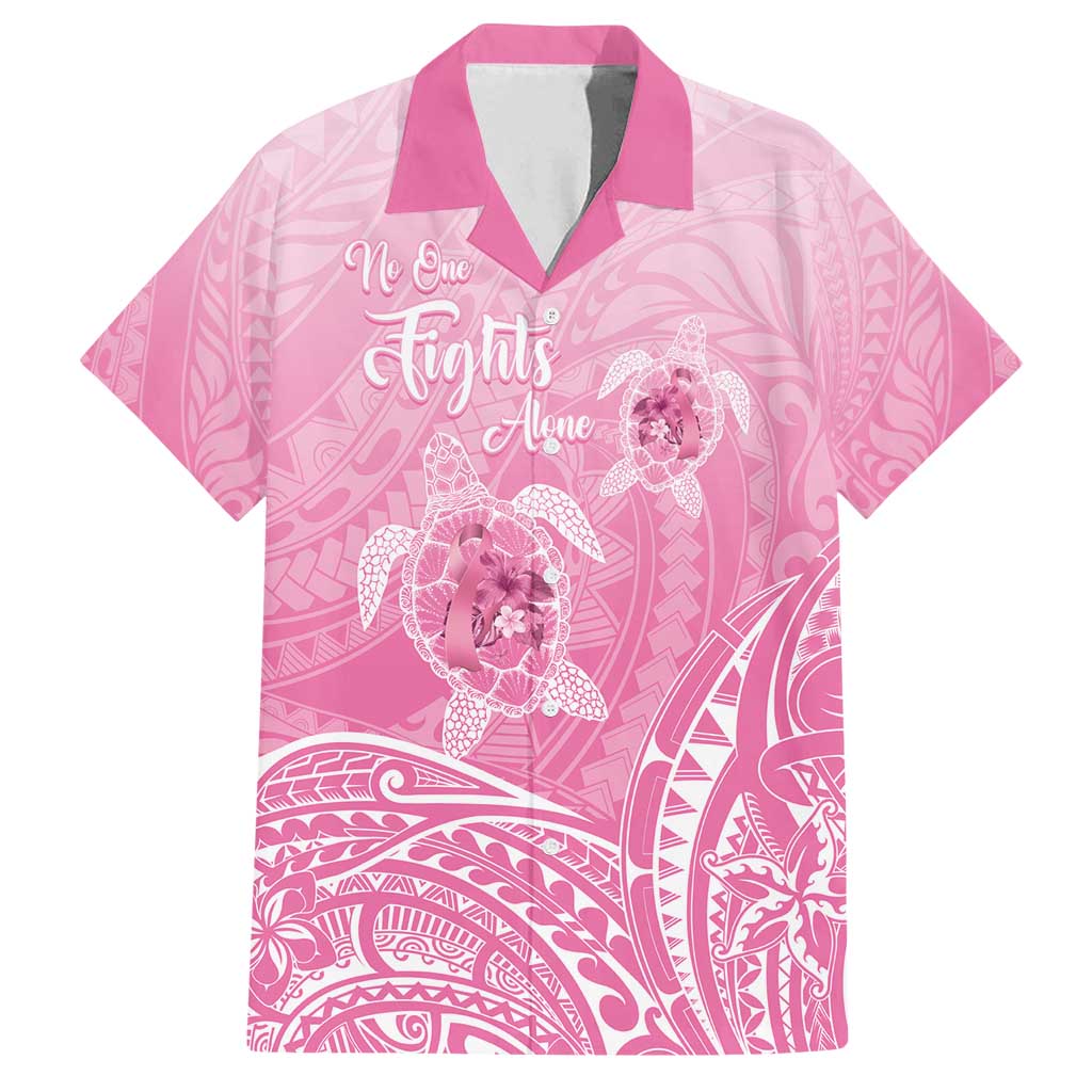 Personalised Polynesia Breast Cancer Awareness Family Matching Off Shoulder Maxi Dress and Hawaiian Shirt No One Fights Alone Turtle Ribbon - Pink Version LT14 Dad's Shirt - Short Sleeve Pink - Polynesian Pride