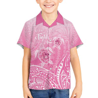 Personalised Polynesia Breast Cancer Awareness Family Matching Off Shoulder Maxi Dress and Hawaiian Shirt No One Fights Alone Turtle Ribbon - Pink Version LT14 Son's Shirt Pink - Polynesian Pride