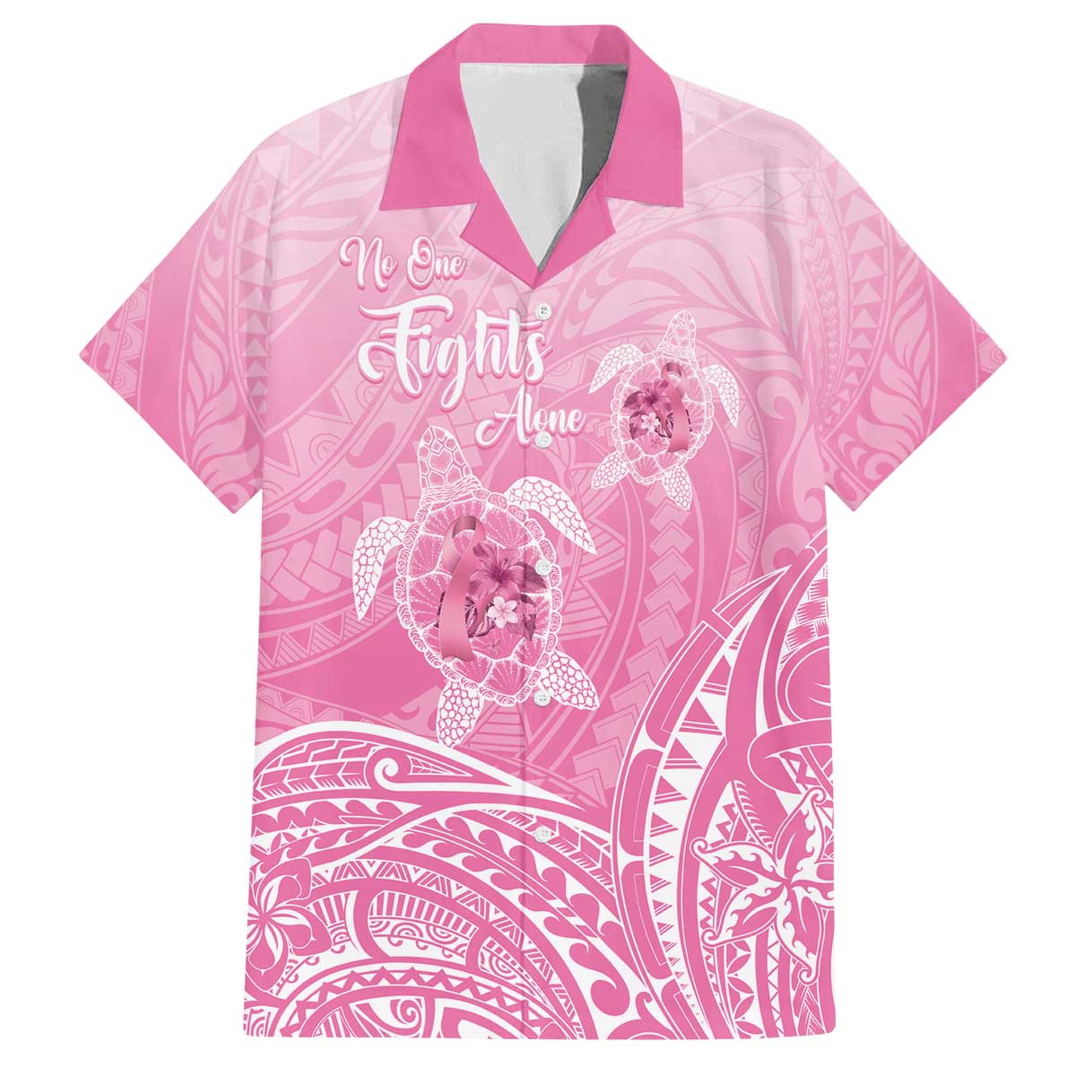 Personalised Polynesia Breast Cancer Awareness Family Matching Off Shoulder Short Dress and Hawaiian Shirt No One Fights Alone Turtle Ribbon - Pink Version LT14 Dad's Shirt - Short Sleeve Pink - Polynesian Pride