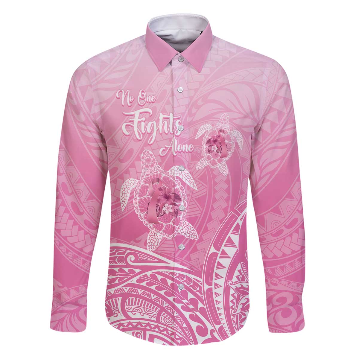 Personalised Polynesia Breast Cancer Awareness Family Matching Off Shoulder Short Dress and Hawaiian Shirt No One Fights Alone Turtle Ribbon - Pink Version LT14 Dad's Shirt - Long Sleeve Pink - Polynesian Pride