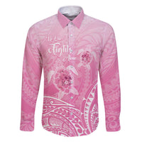 Personalised Polynesia Breast Cancer Awareness Family Matching Off Shoulder Short Dress and Hawaiian Shirt No One Fights Alone Turtle Ribbon - Pink Version LT14 Dad's Shirt - Long Sleeve Pink - Polynesian Pride