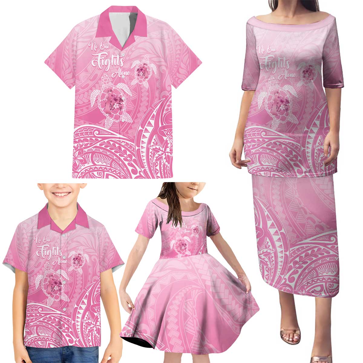 Personalised Polynesia Breast Cancer Awareness Family Matching Puletasi and Hawaiian Shirt No One Fights Alone Turtle Ribbon - Pink Version LT14 - Polynesian Pride