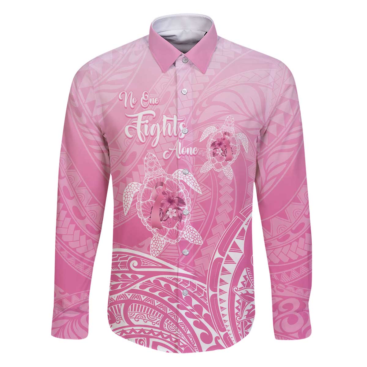 Personalised Polynesia Breast Cancer Awareness Family Matching Puletasi and Hawaiian Shirt No One Fights Alone Turtle Ribbon - Pink Version LT14 Dad's Shirt - Long Sleeve Pink - Polynesian Pride