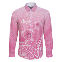 Personalised Polynesia Breast Cancer Awareness Family Matching Puletasi and Hawaiian Shirt No One Fights Alone Turtle Ribbon - Pink Version LT14 Dad's Shirt - Long Sleeve Pink - Polynesian Pride