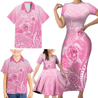 Personalised Polynesia Breast Cancer Awareness Family Matching Short Sleeve Bodycon Dress and Hawaiian Shirt No One Fights Alone Turtle Ribbon - Pink Version LT14 - Polynesian Pride
