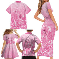 Personalised Polynesia Breast Cancer Awareness Family Matching Short Sleeve Bodycon Dress and Hawaiian Shirt No One Fights Alone Turtle Ribbon - Pink Version LT14 - Polynesian Pride