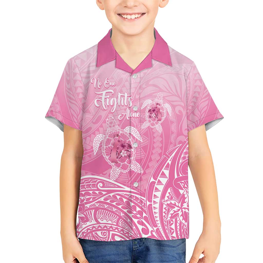 Personalised Polynesia Breast Cancer Awareness Family Matching Short Sleeve Bodycon Dress and Hawaiian Shirt No One Fights Alone Turtle Ribbon - Pink Version LT14 Son's Shirt Pink - Polynesian Pride