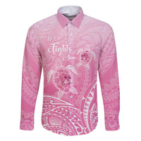 Personalised Polynesia Breast Cancer Awareness Family Matching Summer Maxi Dress and Hawaiian Shirt No One Fights Alone Turtle Ribbon - Pink Version LT14 Dad's Shirt - Long Sleeve Pink - Polynesian Pride