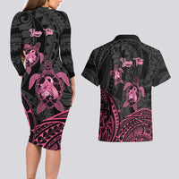 Personalised Polynesia Breast Cancer Awareness Couples Matching Long Sleeve Bodycon Dress and Hawaiian Shirt No One Fights Alone Turtle Ribbon - Black Version LT14 - Polynesian Pride